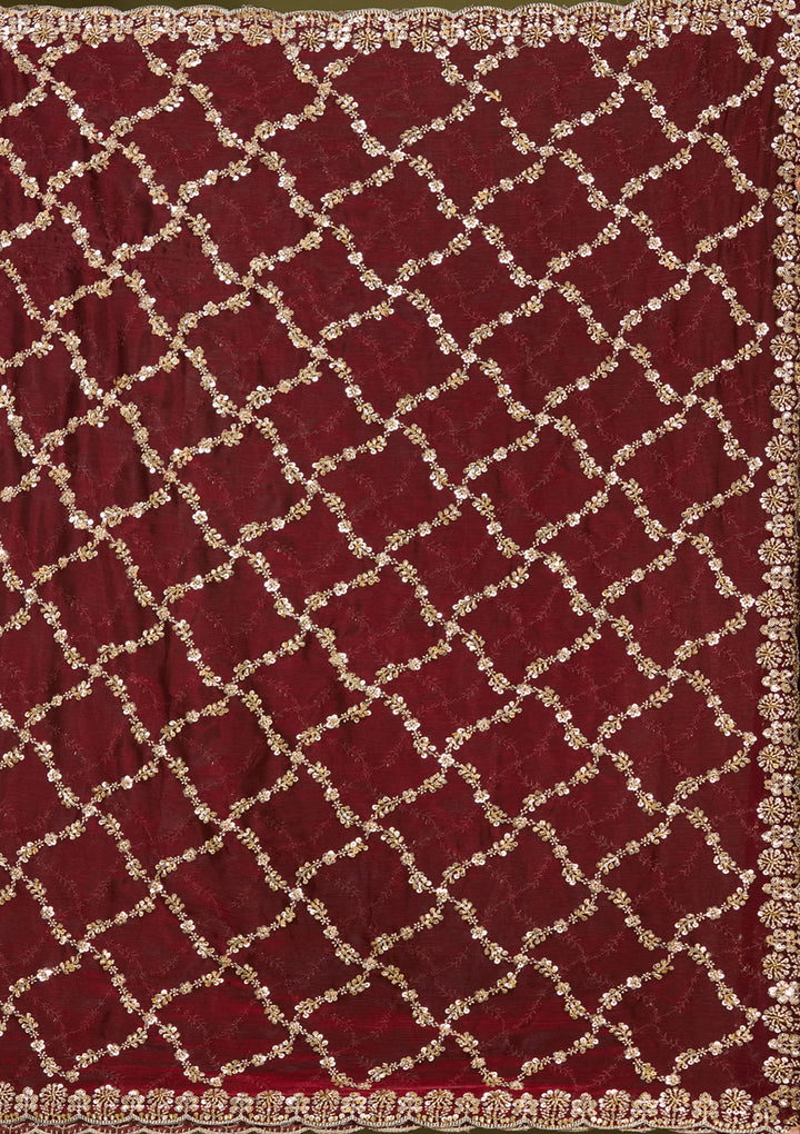 Dark Maroon Tissue Cutdana Saree With Matching Blouse Piece