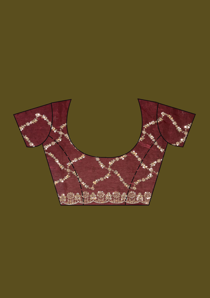 Dark Maroon Tissue Cutdana Saree With Matching Blouse Piece