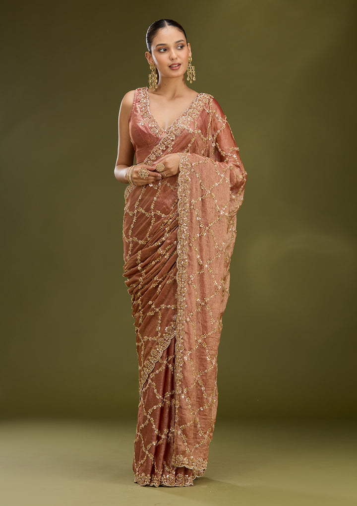 Peach Tissue Cutdana Saree With Matching Blouse Piece