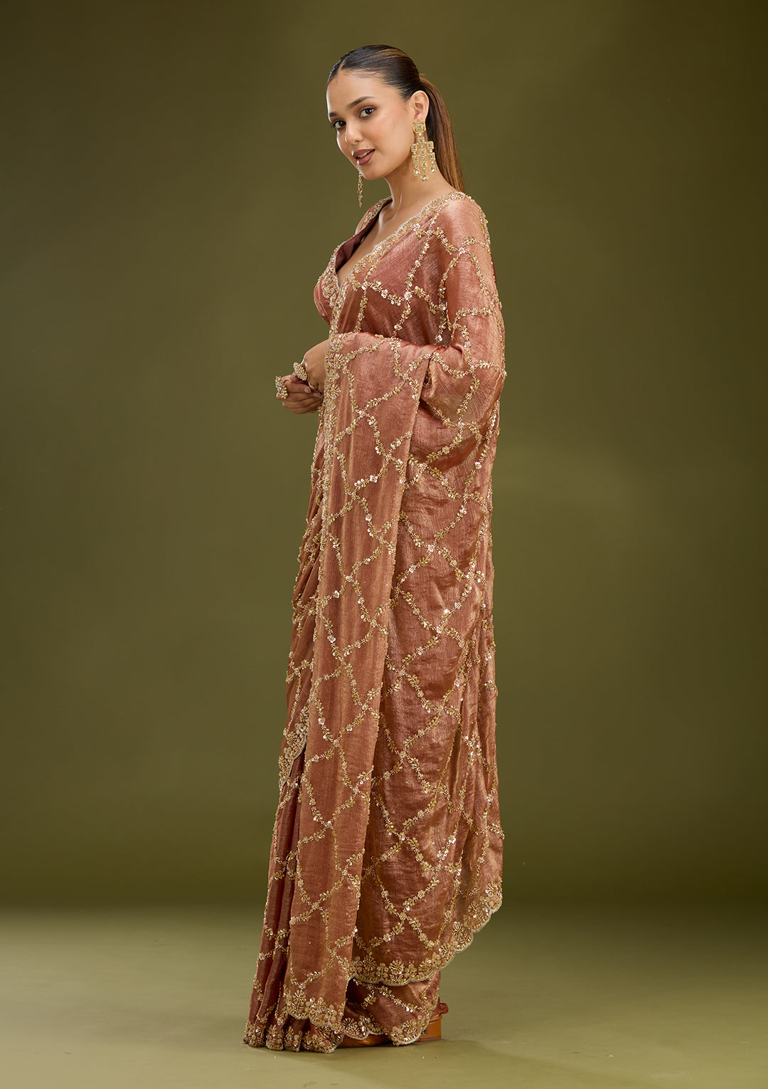 Peach Tissue Cutdana Saree With Matching Blouse Piece