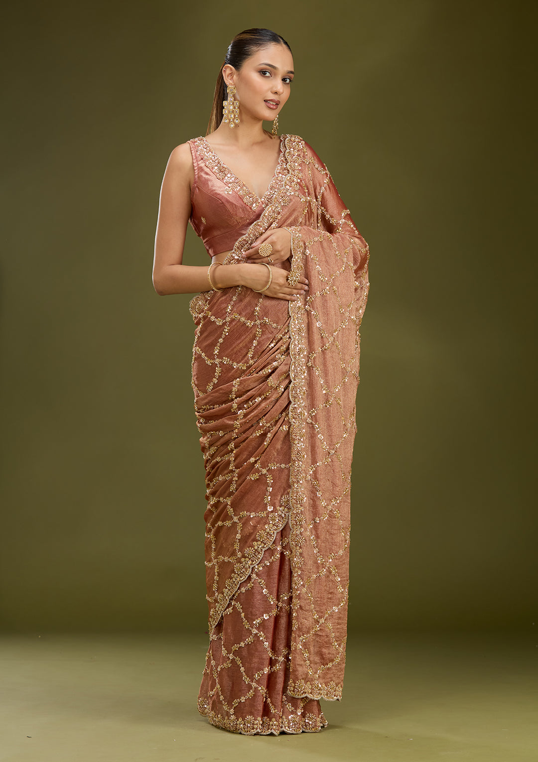 Peach Tissue Cutdana Saree With Matching Blouse Piece
