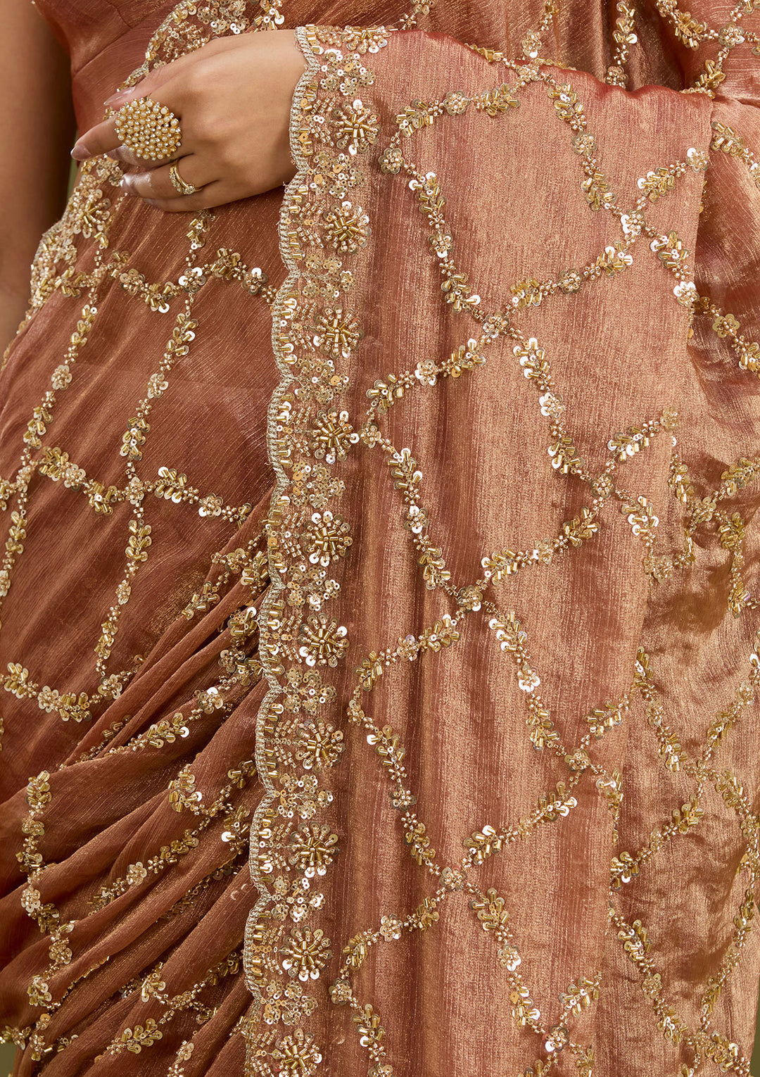 Peach Tissue Cutdana Saree With Matching Blouse Piece