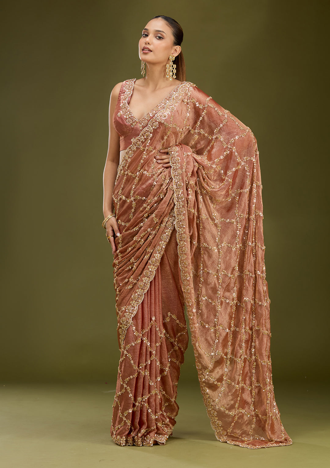 Peach Tissue Cutdana Saree With Matching Blouse Piece