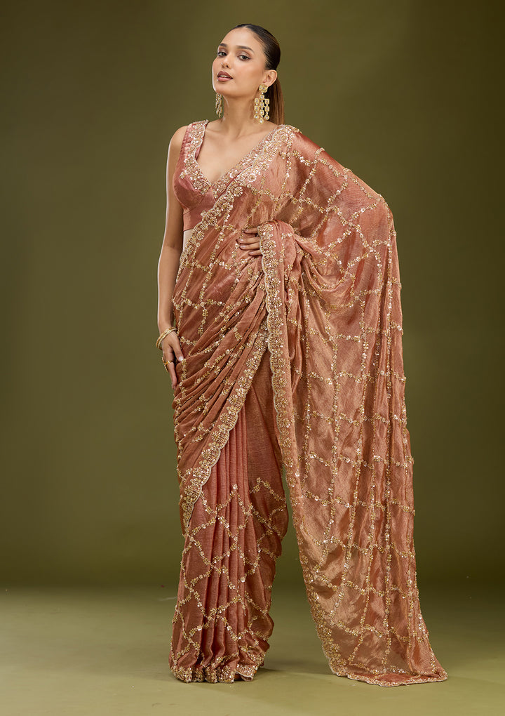 Peach Tissue Cutdana Saree With Matching Blouse Piece