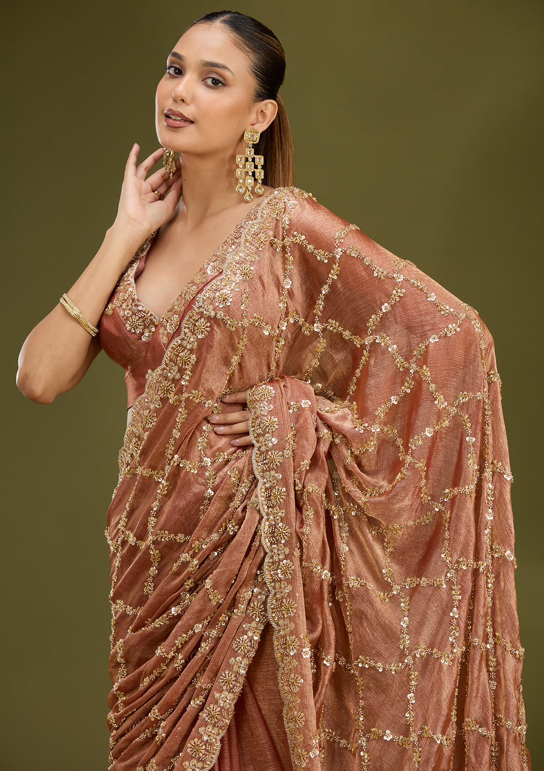 Peach Tissue Cutdana Saree With Matching Blouse Piece