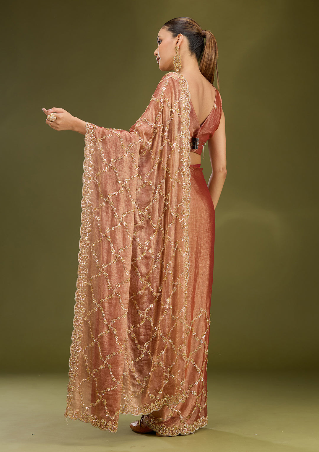 Peach Tissue Cutdana Saree With Matching Blouse Piece