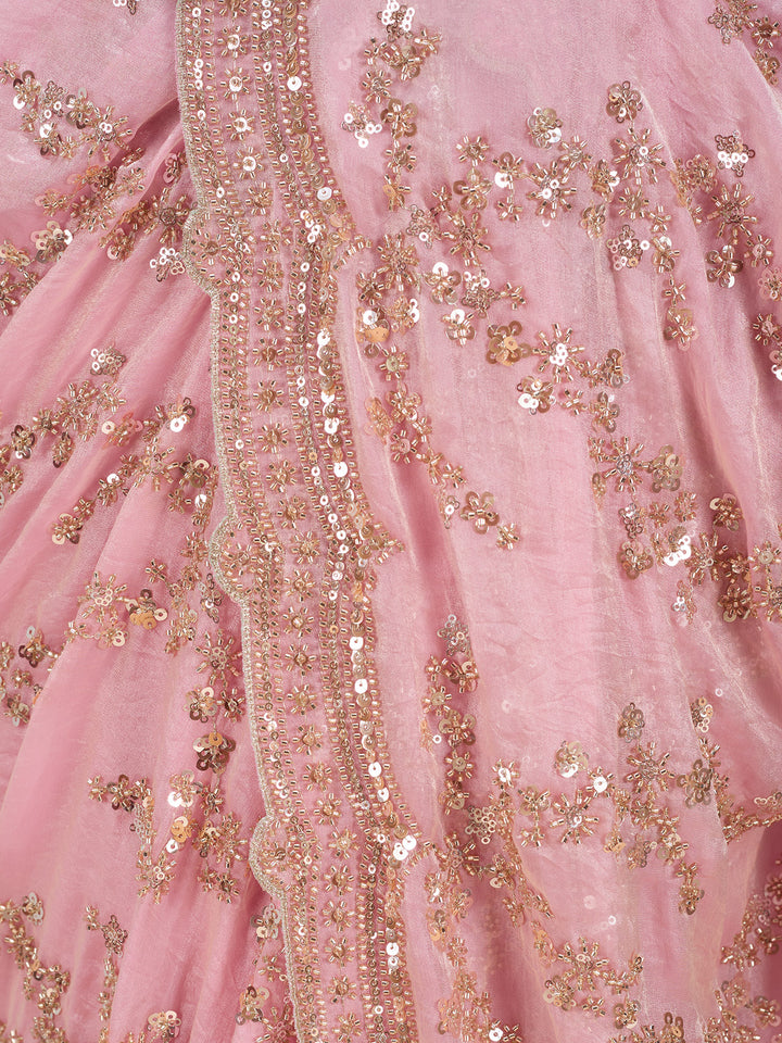 Baby Pink Tissue Sequins Saree With Matching Blouse Piece