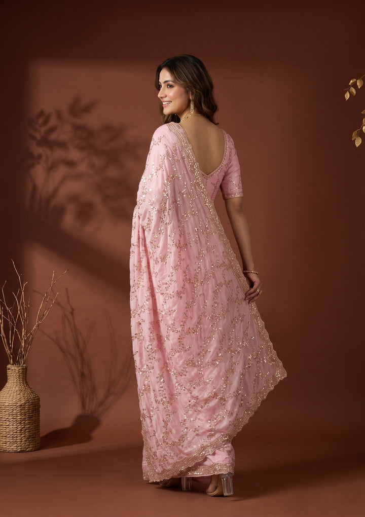 Baby Pink Tissue Sequins Saree With Matching Blouse Piece