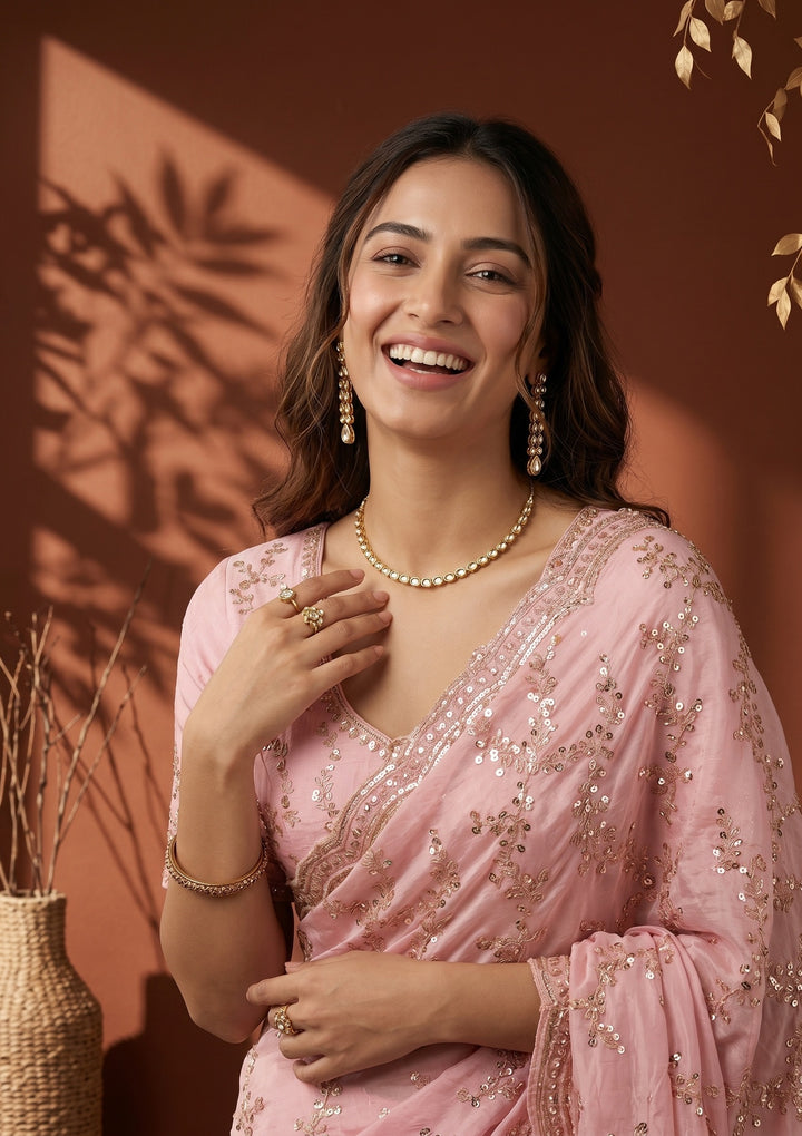 Baby Pink Tissue Sequins Saree With Matching Blouse Piece