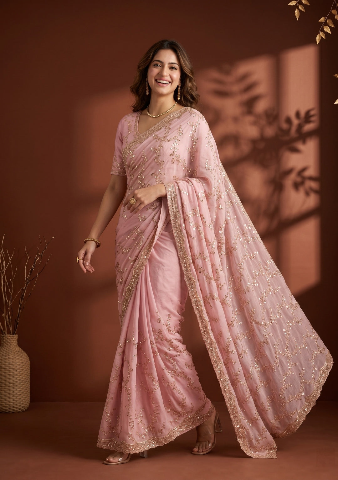 Baby Pink Tissue Sequins Saree With Matching Blouse Piece