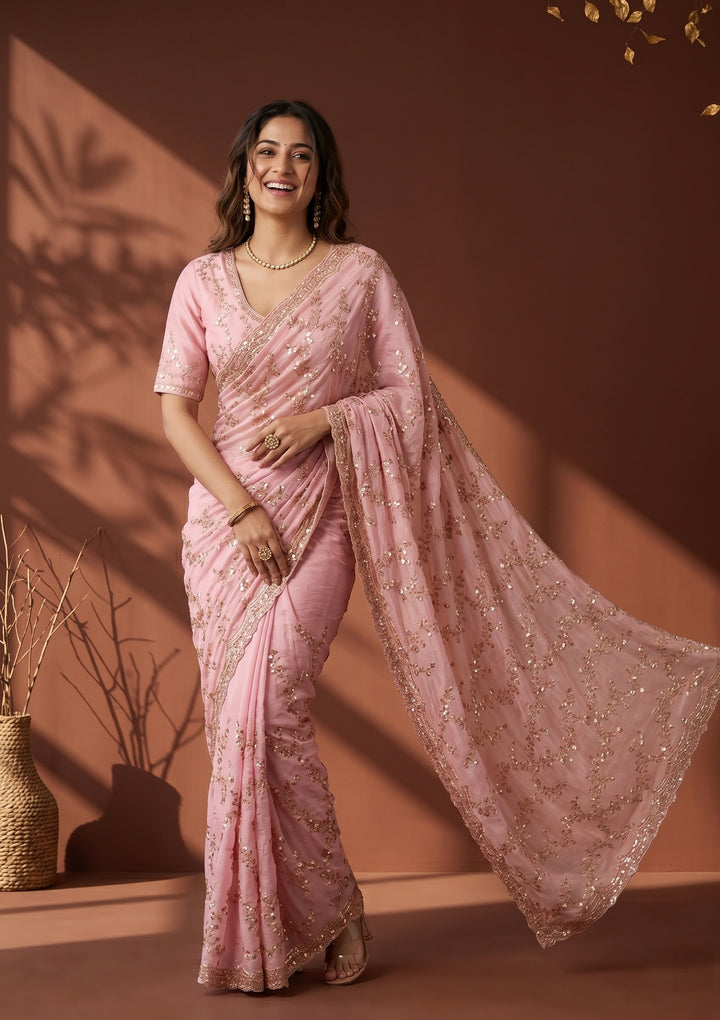 Baby Pink Tissue Sequins Saree With Matching Blouse Piece