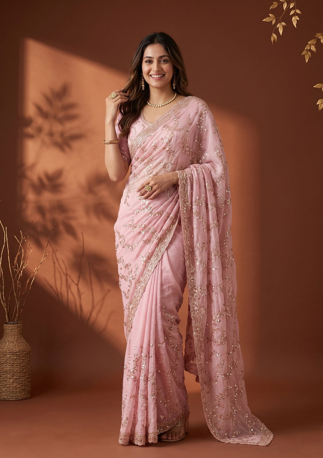 Baby Pink Tissue Sequins Saree With Matching Blouse Piece