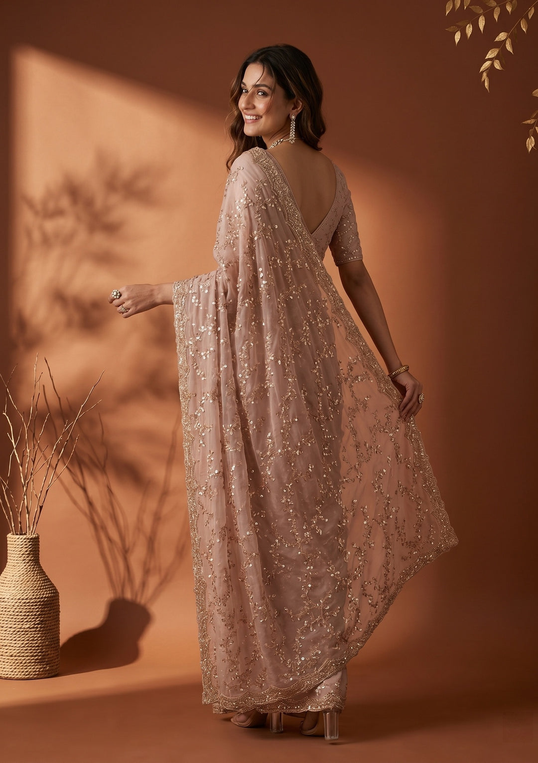 Beige Tissue Sequins Saree With Matching Blouse Piece