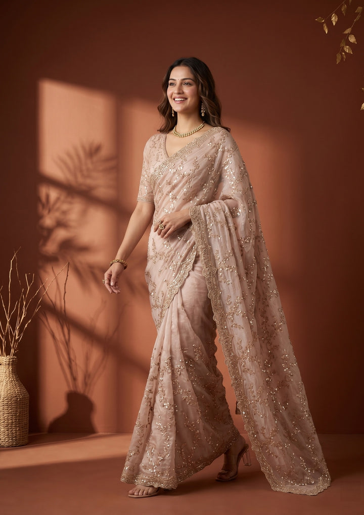 Beige Tissue Sequins Saree With Matching Blouse Piece