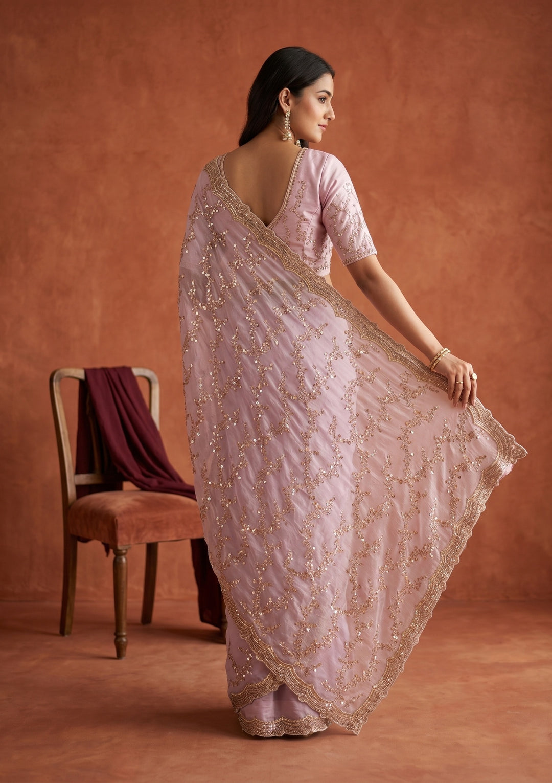 Lavender Tissue Sequins Saree With Matching Blouse Piece