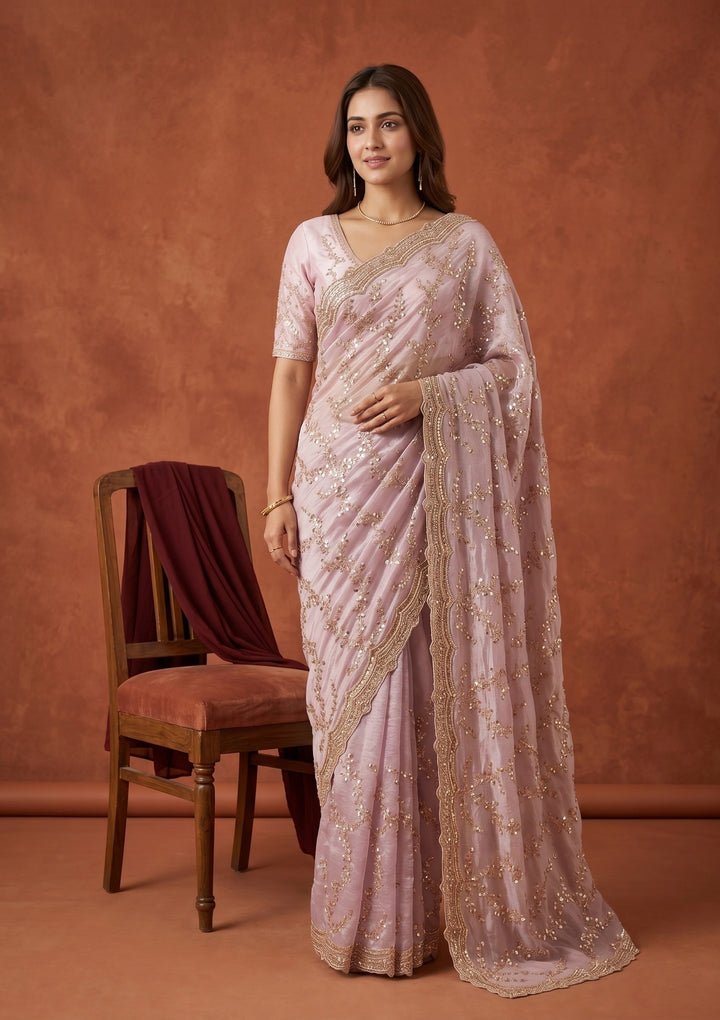 Lavender Tissue Sequins Saree With Matching Blouse Piece
