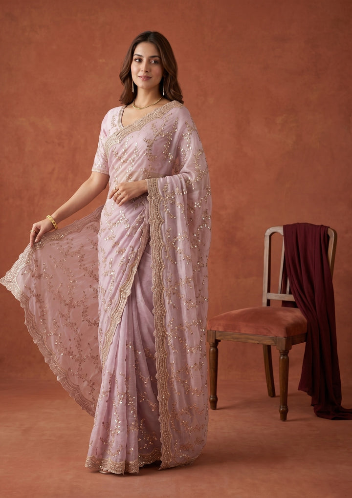 Lavender Tissue Sequins Saree With Matching Blouse Piece