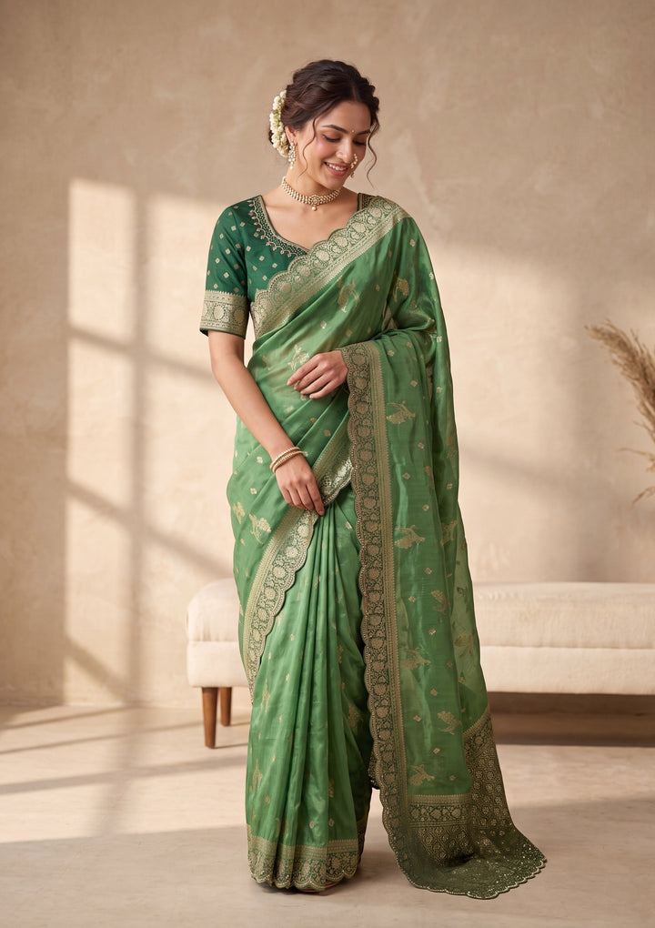 Green Banarasi Silk Saree With Matching Blouse Piece