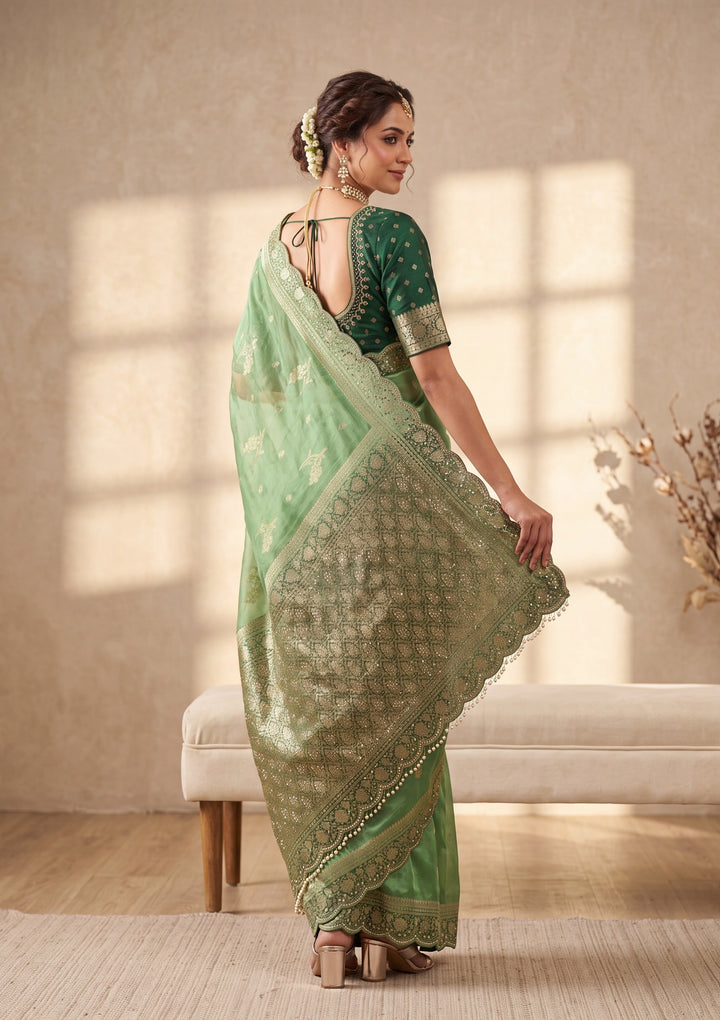 Green Banarasi Silk Saree With Matching Blouse Piece