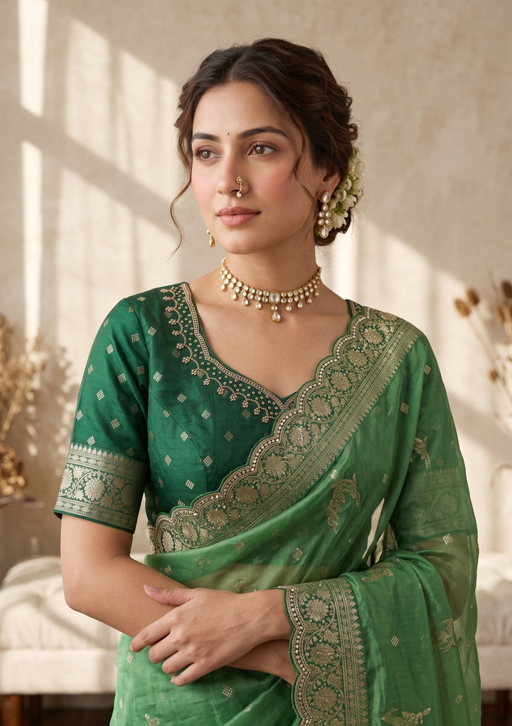 Green Banarasi Silk Saree With Matching Blouse Piece