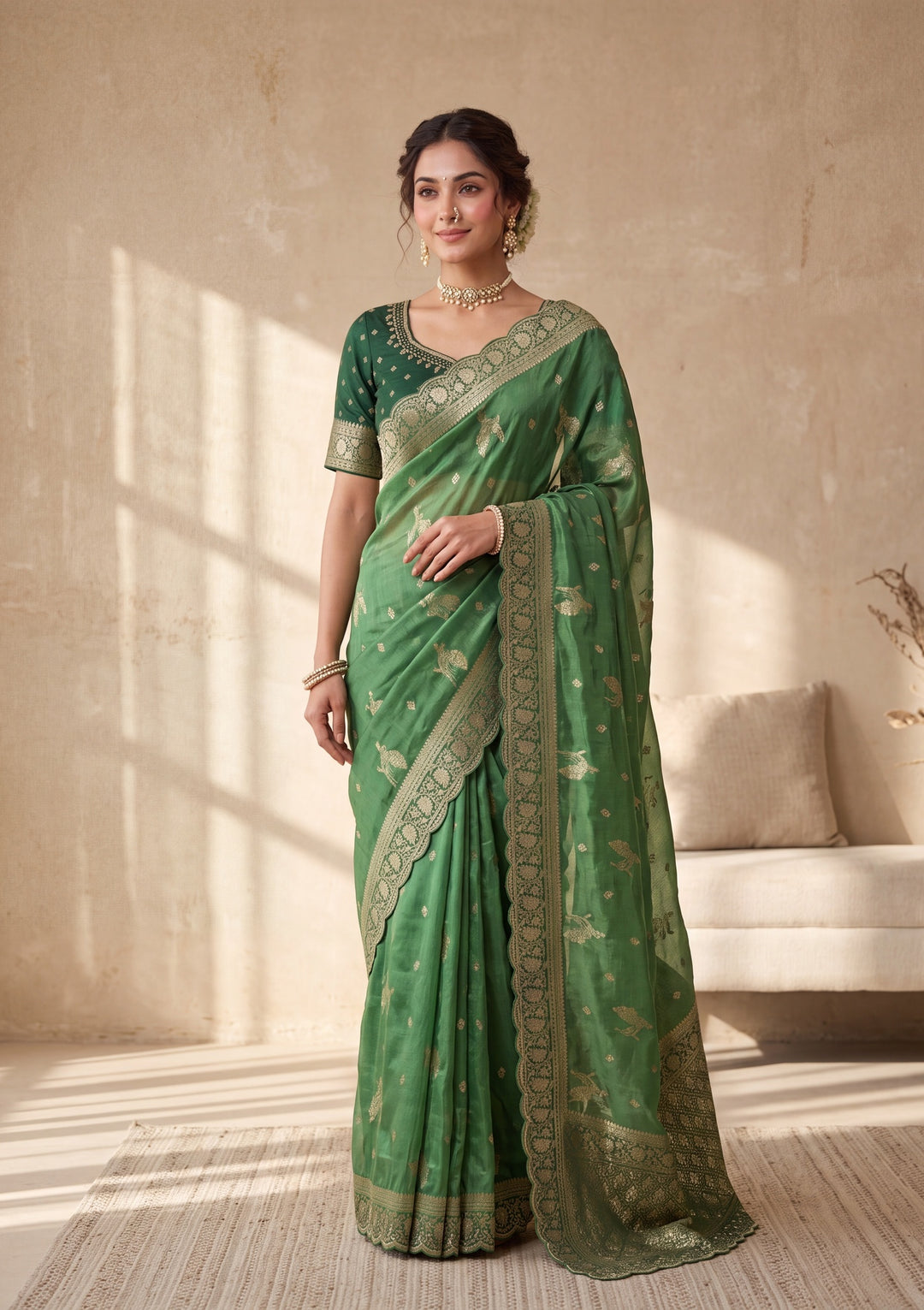 Green Banarasi Silk Saree With Matching Blouse Piece
