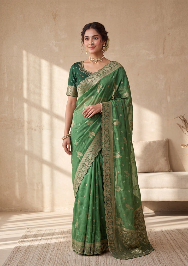 Green Banarasi Silk Saree With Matching Blouse Piece