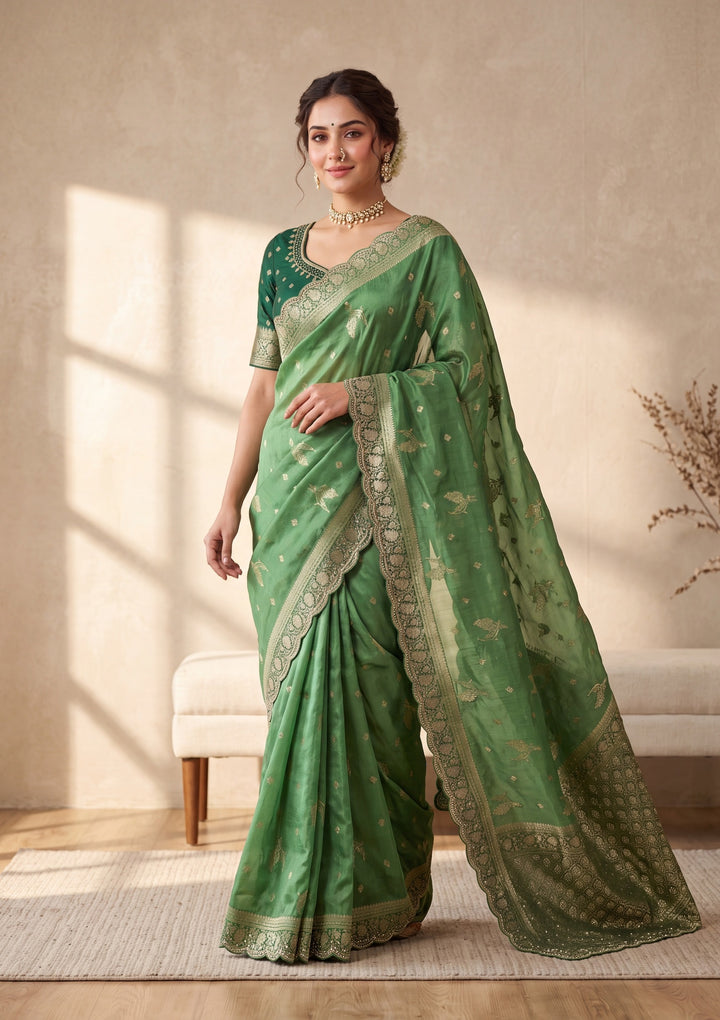 Green Banarasi Silk Saree With Matching Blouse Piece