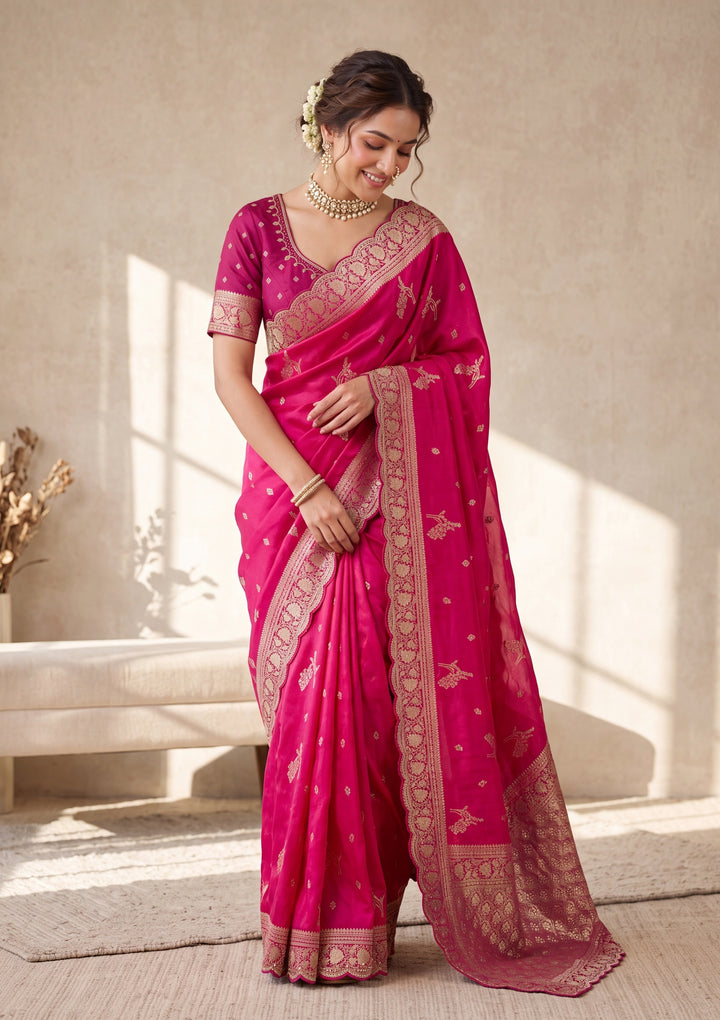 Rani Pink Banarasi Silk Saree With Matching Blouse Piece
