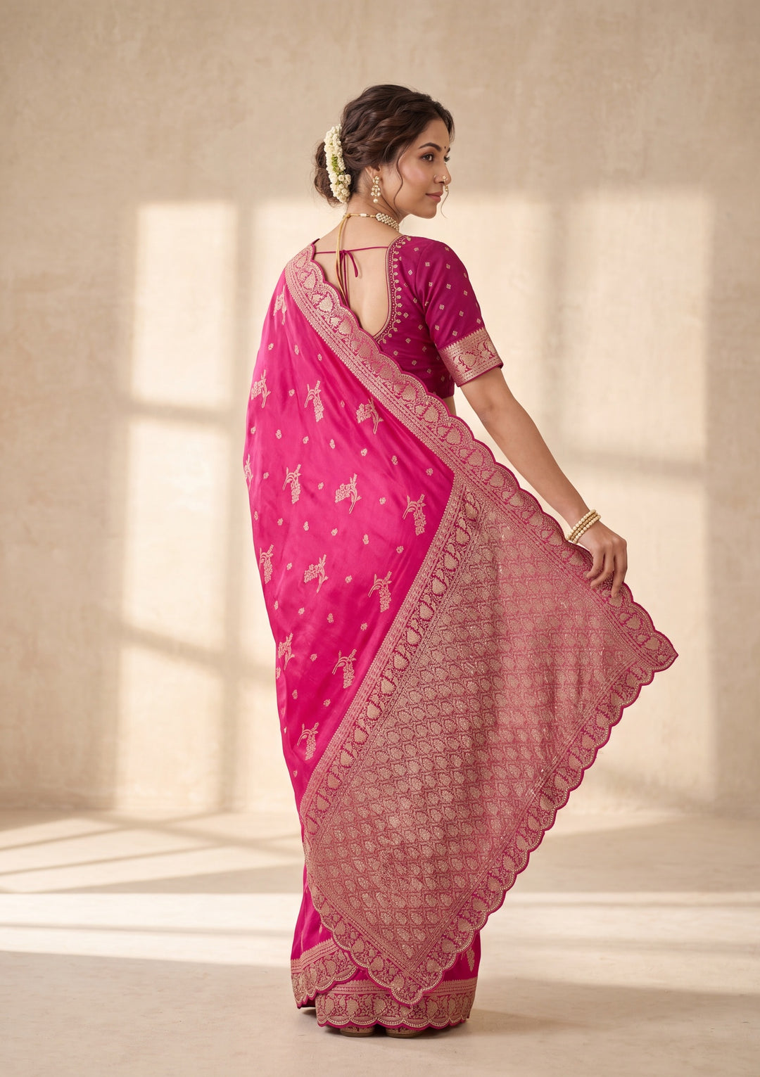 Rani Pink Banarasi Silk Saree With Matching Blouse Piece