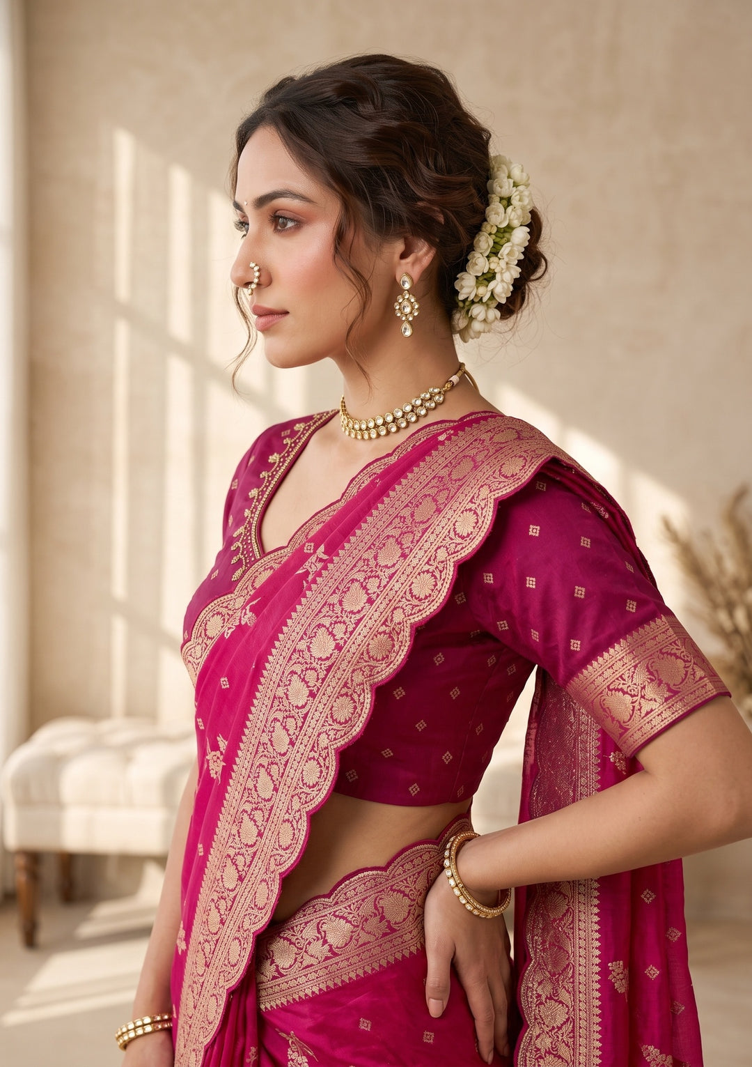 Rani Pink Banarasi Silk Saree With Matching Blouse Piece