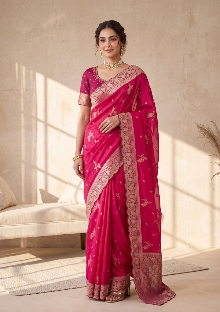 Rani Pink Banarasi Silk Saree With Matching Blouse Piece