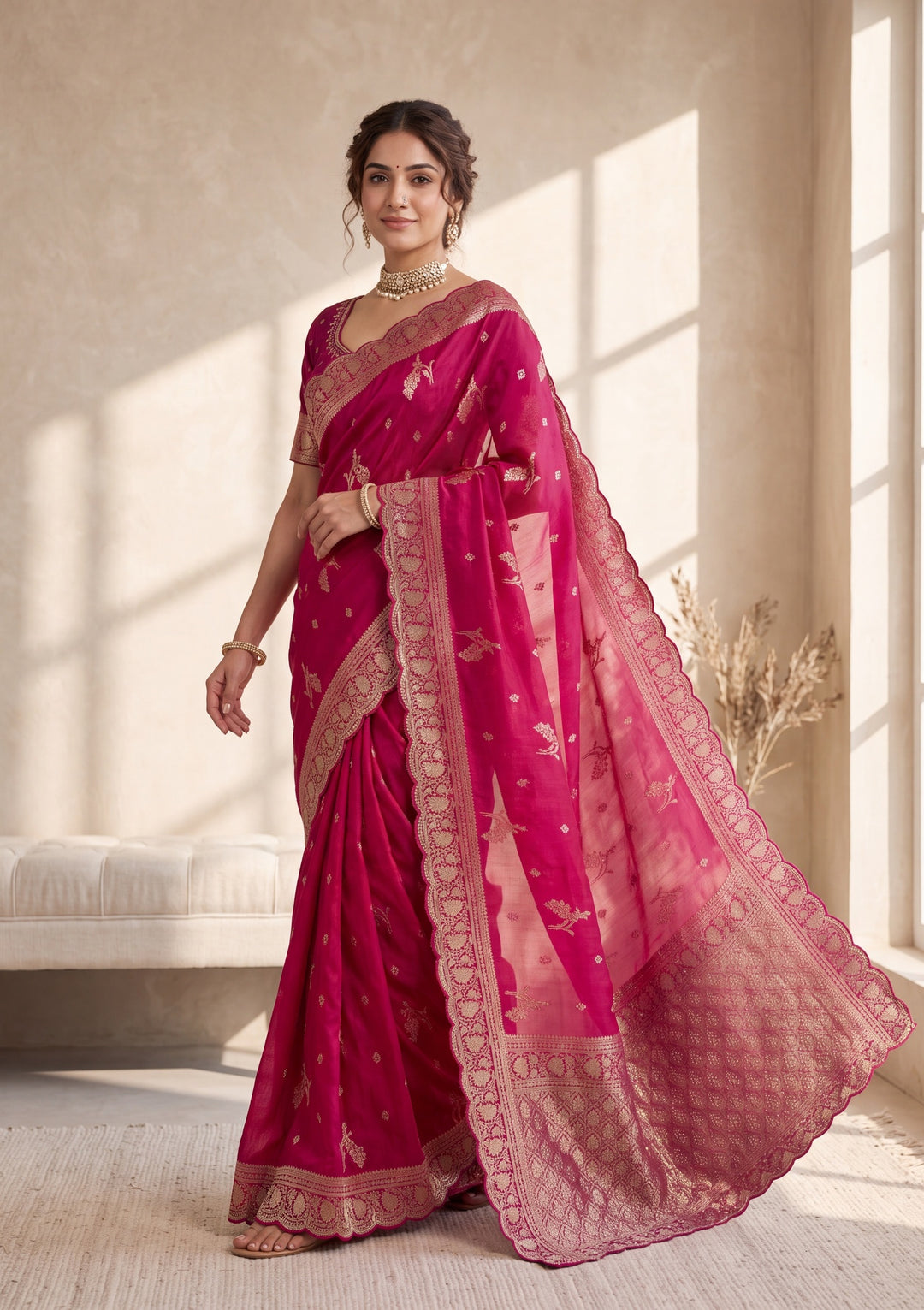 Rani Pink Banarasi Silk Saree With Matching Blouse Piece