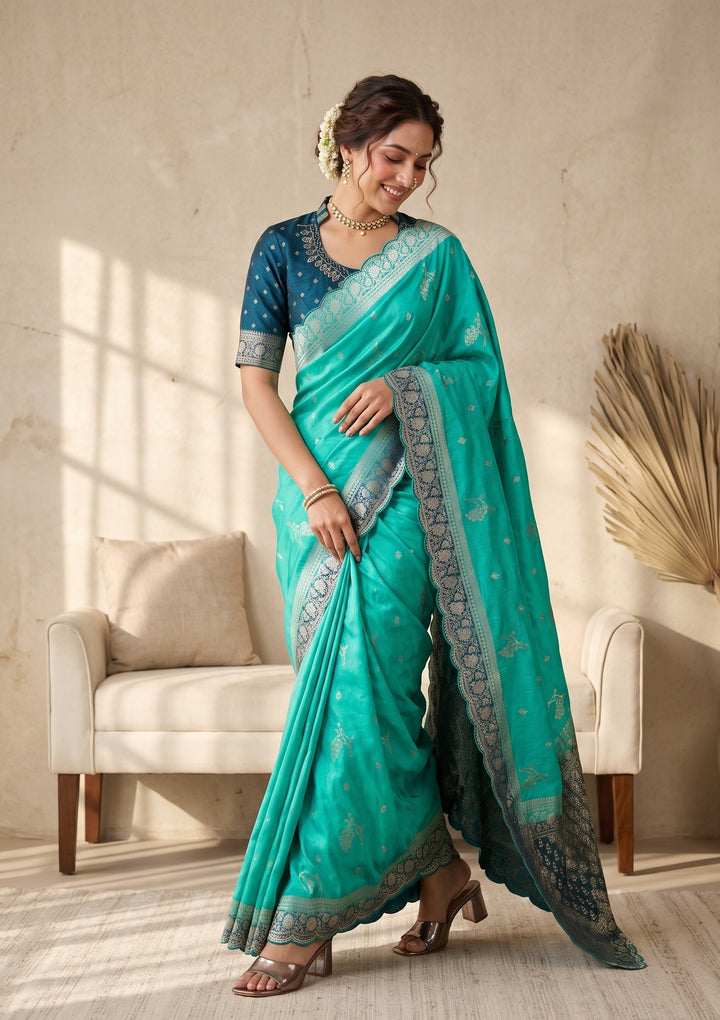 Turquoise Blue Banarasi Silk Saree