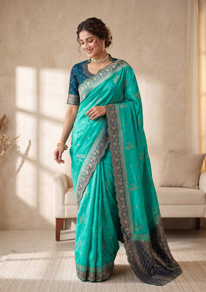 Turquoise Blue Banarasi Silk Saree With Matching Blouse Piece
