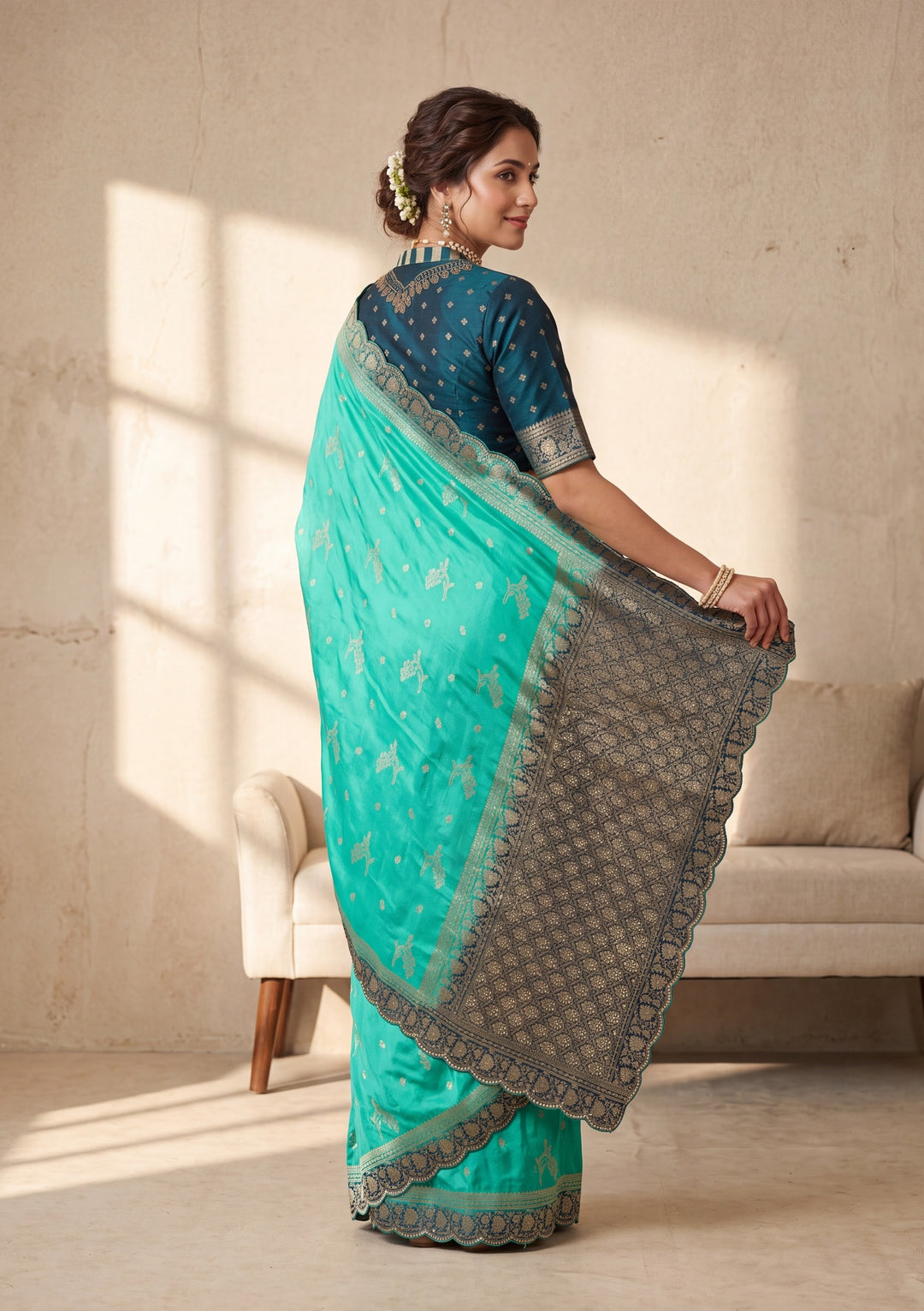 Turquoise Blue Banarasi Silk Saree With Matching Blouse Piece
