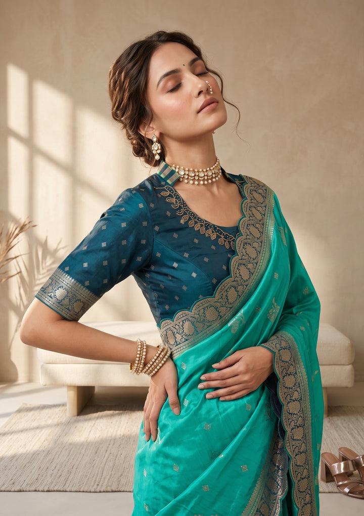 Turquoise Blue Banarasi Silk Saree With Matching Blouse Piece
