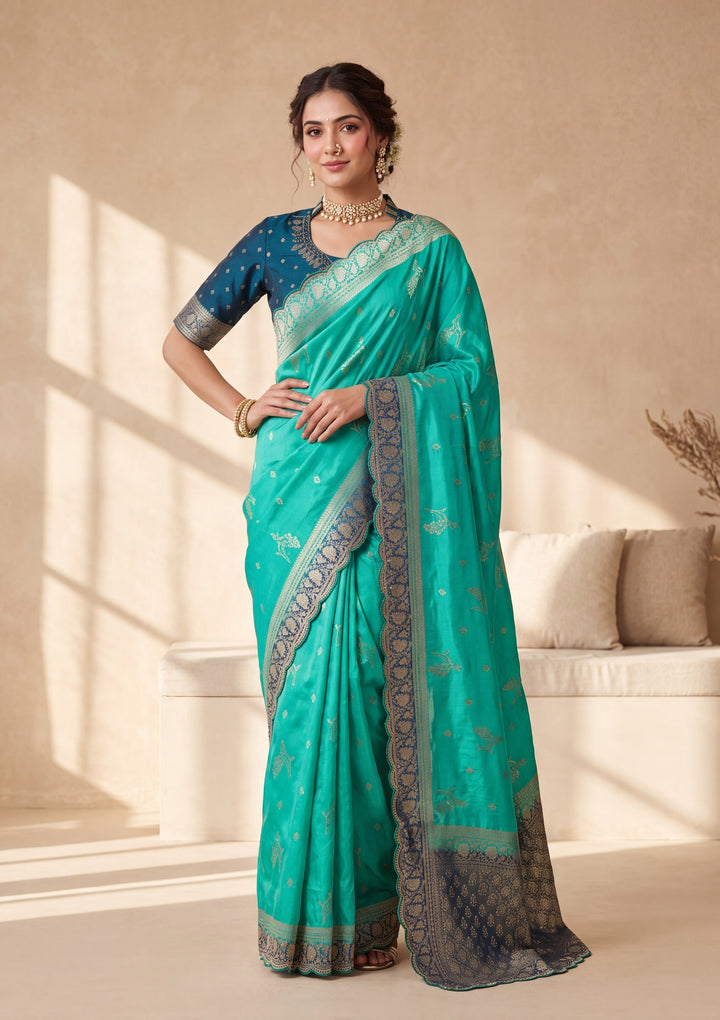 Turquoise Blue Banarasi Silk Saree With Matching Blouse Piece