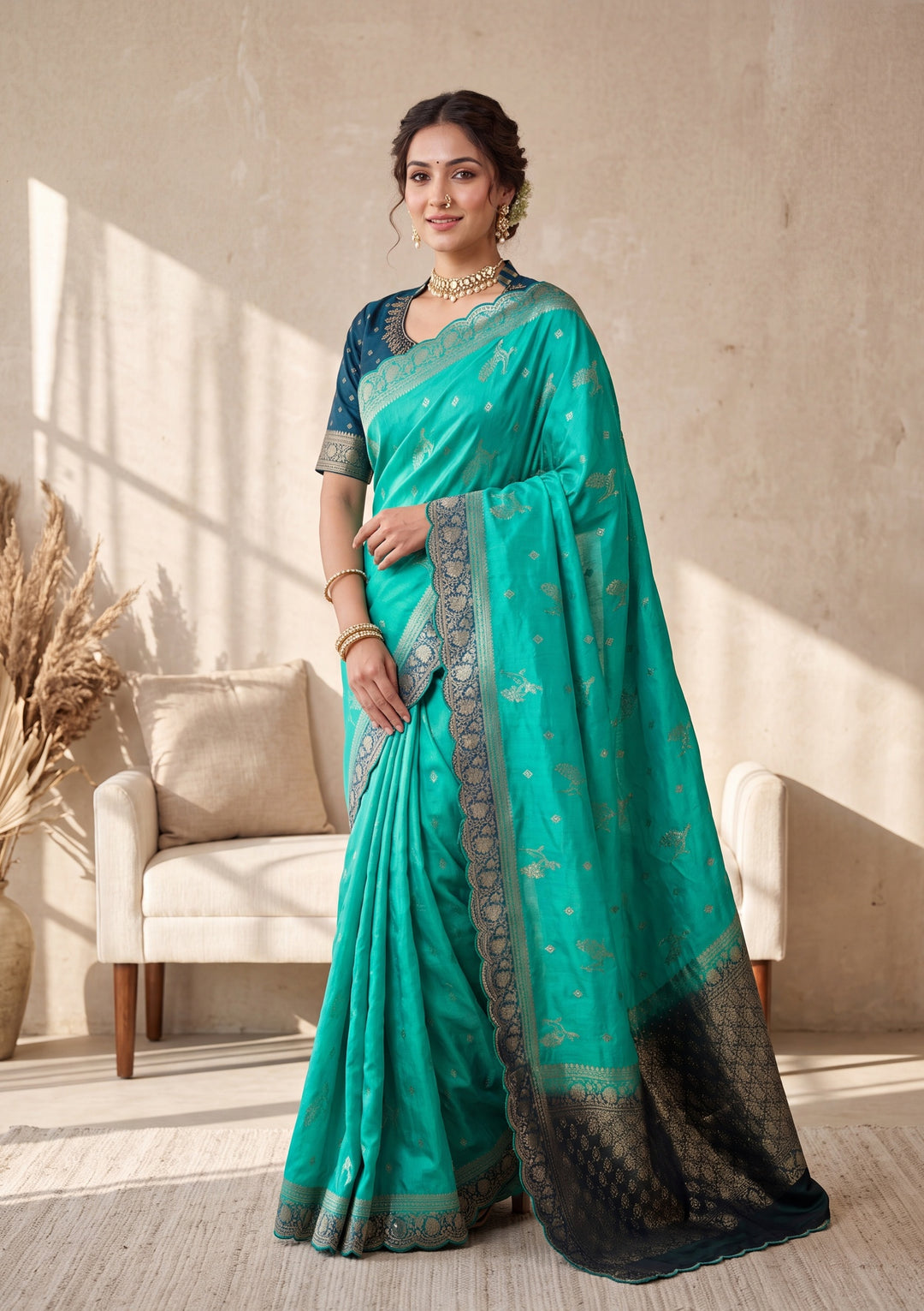 Turquoise Blue Banarasi Silk Saree With Matching Blouse Piece