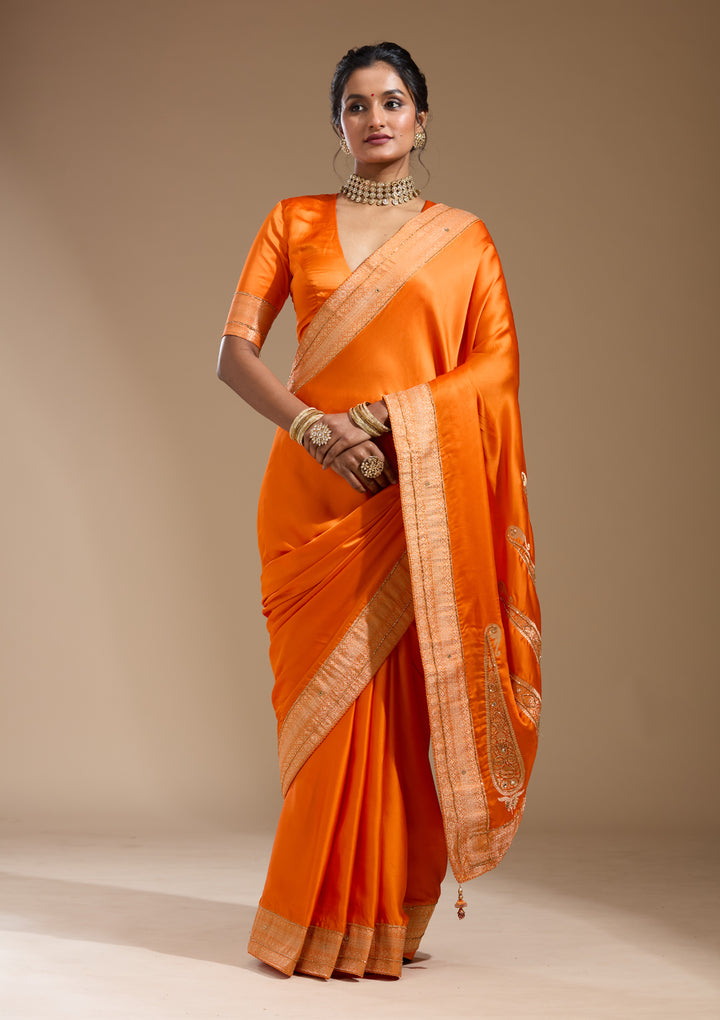 Orange Silk Plain Cutdana Saree With Matching Blouse Piece