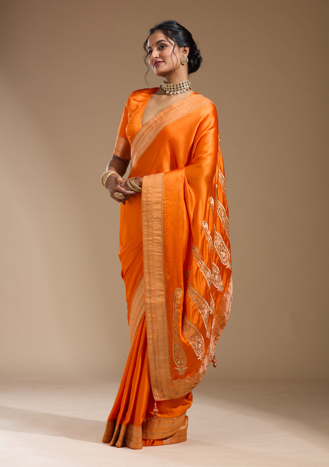 Orange Silk Plain Cutdana Saree With Matching Blouse Piece