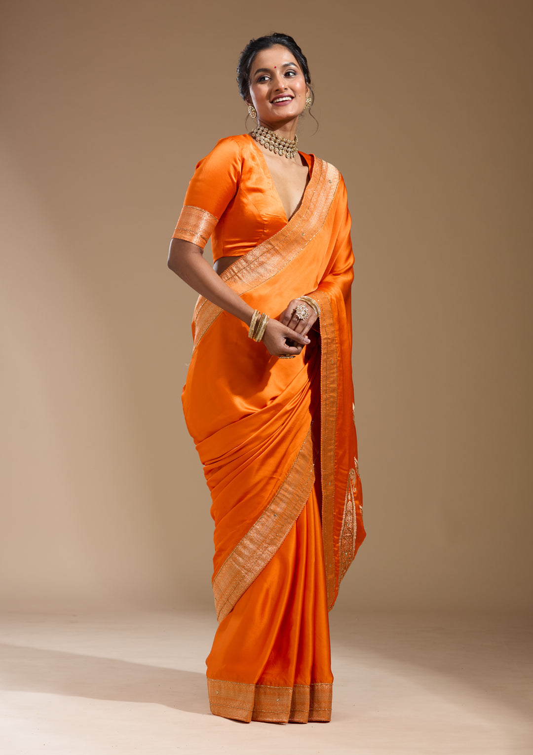 Orange Silk Plain Cutdana Saree With Matching Blouse Piece