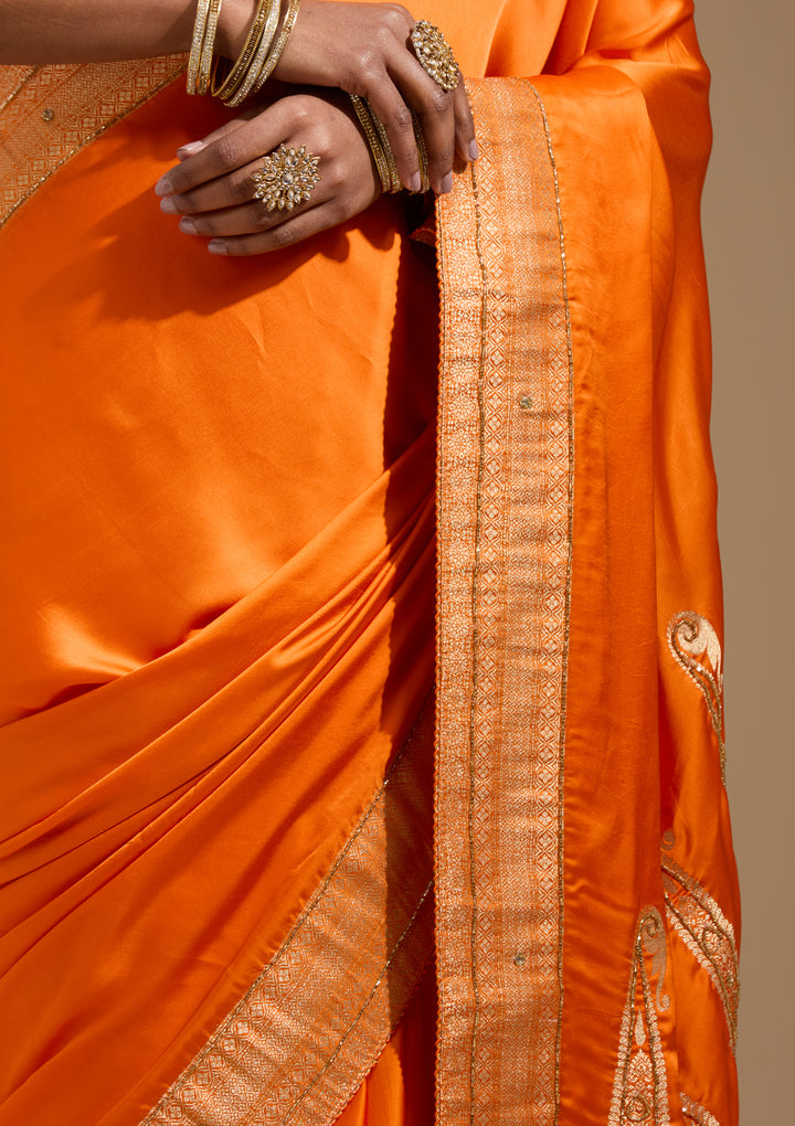 Orange Silk Plain Cutdana Saree With Matching Blouse Piece