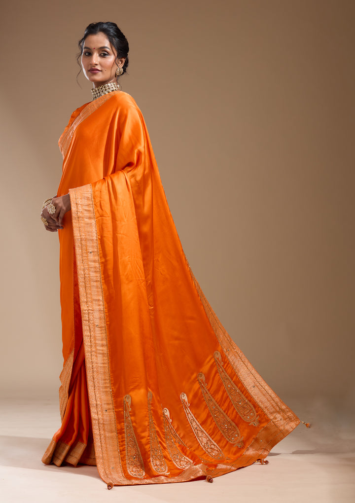 Orange Silk Plain Cutdana Saree With Matching Blouse Piece
