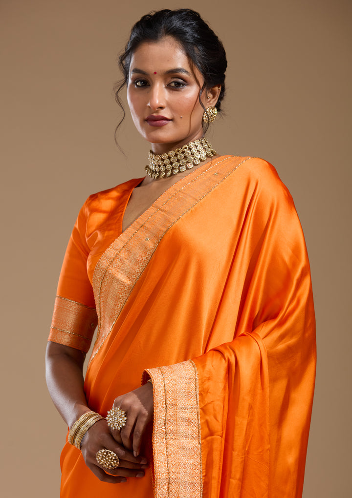 Orange Silk Plain Cutdana Saree With Matching Blouse Piece