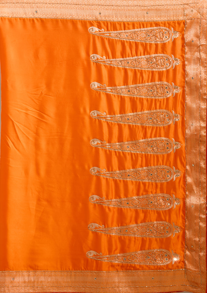 Orange Silk Plain Cutdana Saree With Matching Blouse Piece