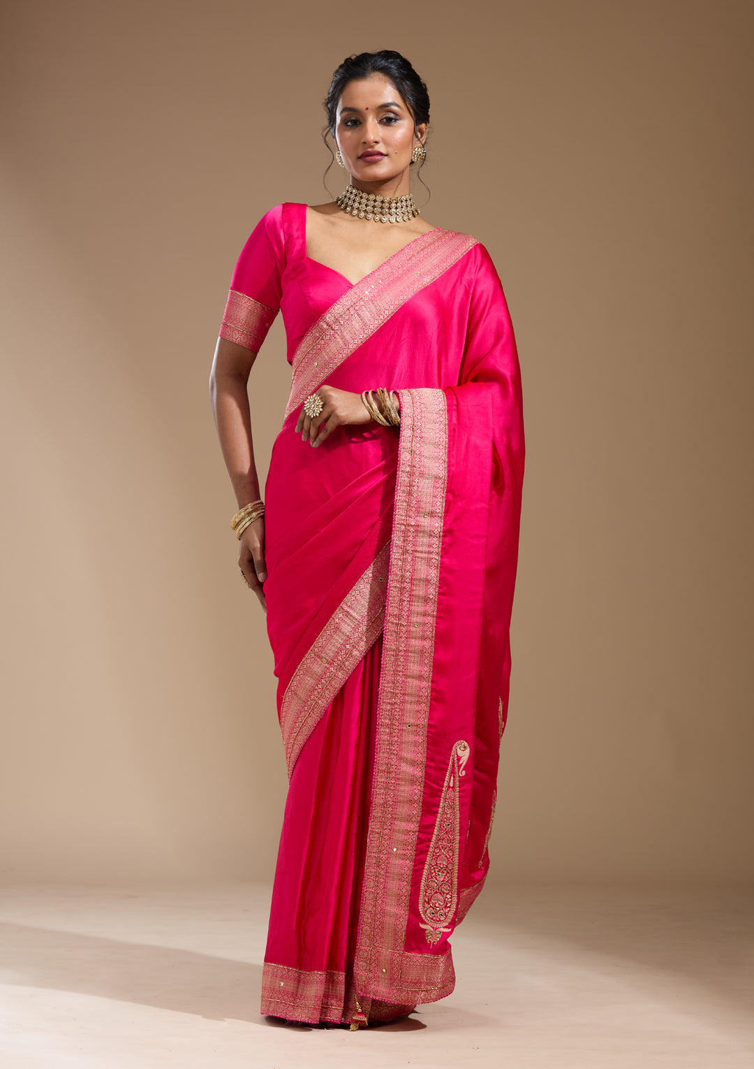 Rani Pink Silk Plain Cutdana Saree With Matching Blouse Piece