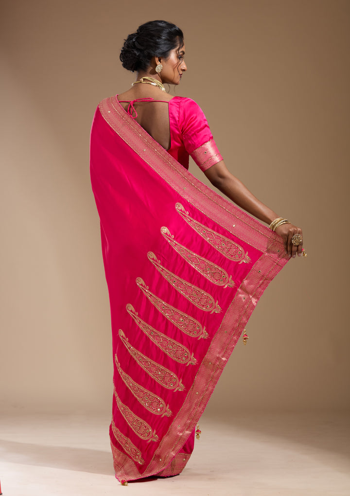 Rani Pink Silk Plain Cutdana Saree With Matching Blouse Piece