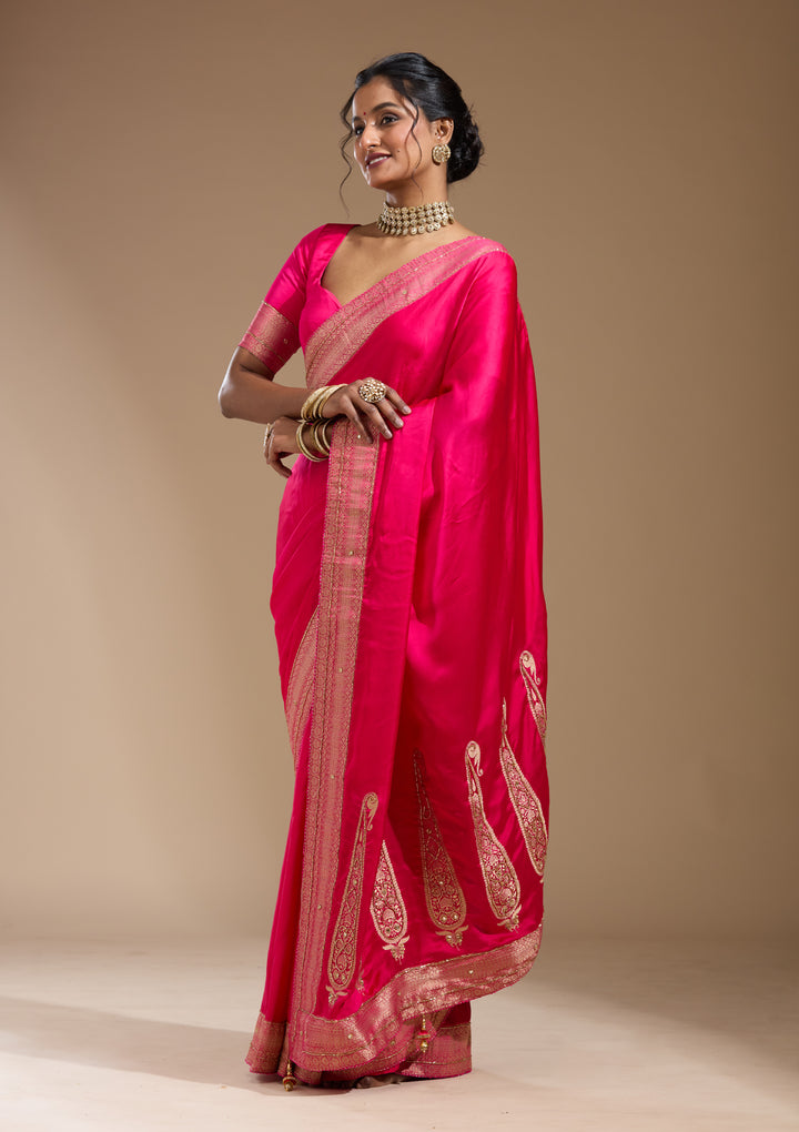 Rani Pink Silk Plain Cutdana Saree With Matching Blouse Piece