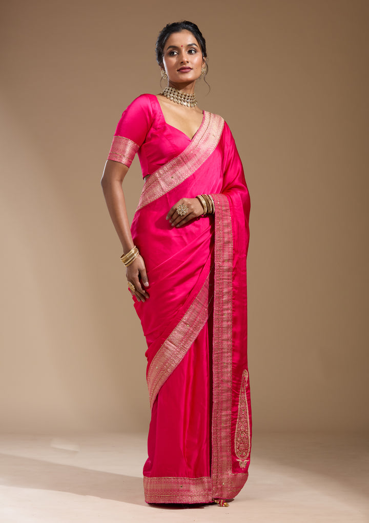 Rani Pink Silk Plain Cutdana Saree With Matching Blouse Piece