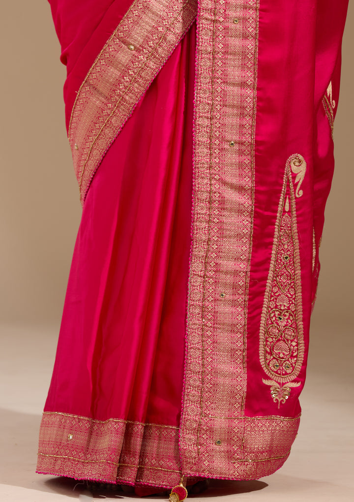 Rani Pink Silk Plain Cutdana Saree With Matching Blouse Piece